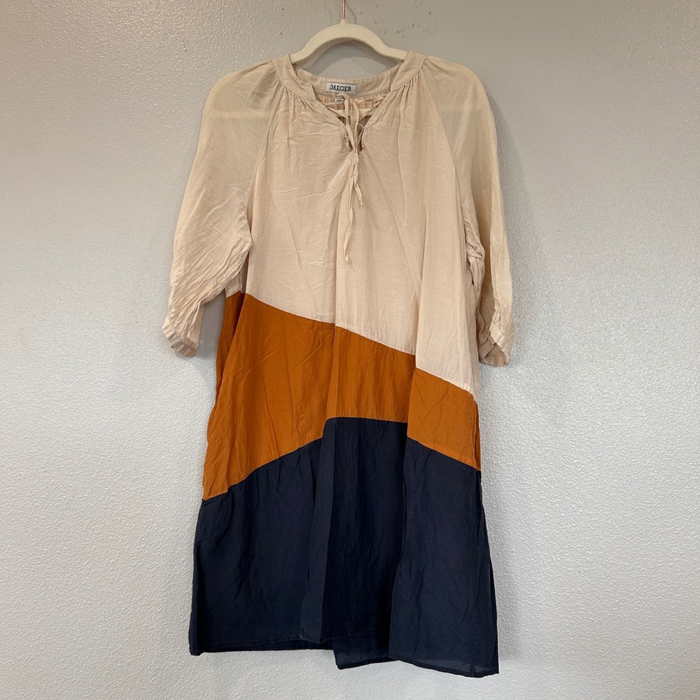 Jaeger Colorblock Silk Blend Dress Modern Navy Orange Cream Women's Size 8